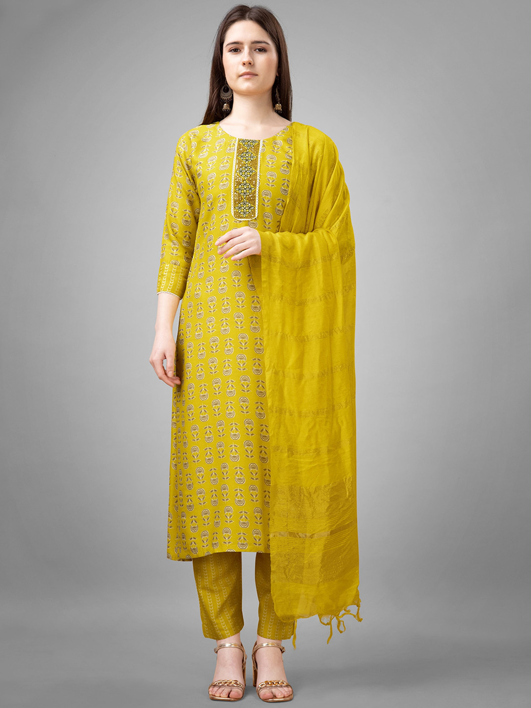 Women Olive Embroidered Layered Pure Cotton Kurti With Trousers & With Dupatta