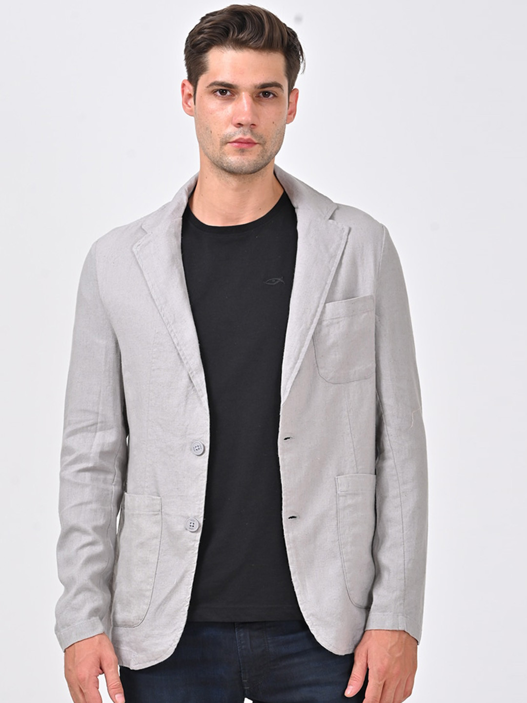 Men's Grey Slim Fit Single Breasted Cotton Blazer