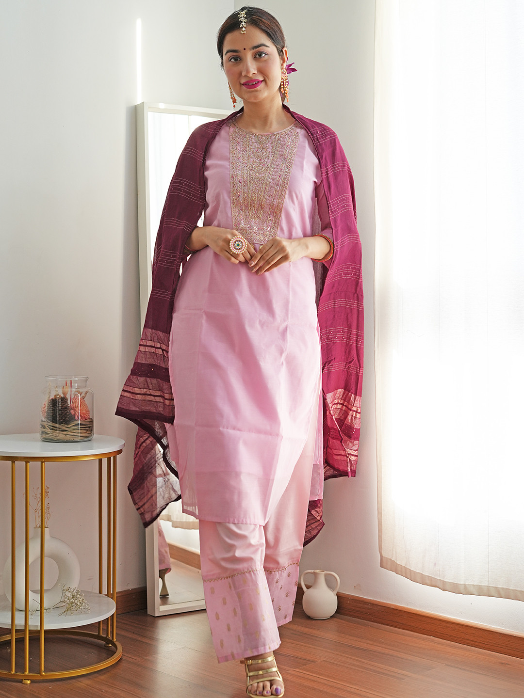 Ethnic Motifs Embroidered Sequinned Kurta With Palazzos & Dupatta