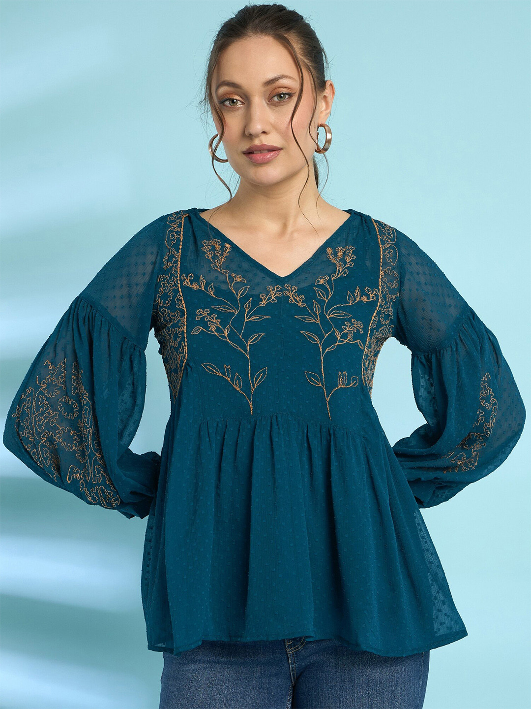Antheaa Embroidered Round Neck Bishop Sleeves Chiffon Regular Top main image 1