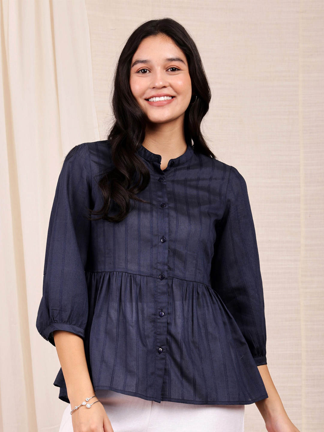 Women Grey & Multi Regular Vertical Stripes Mandarin Collar Top