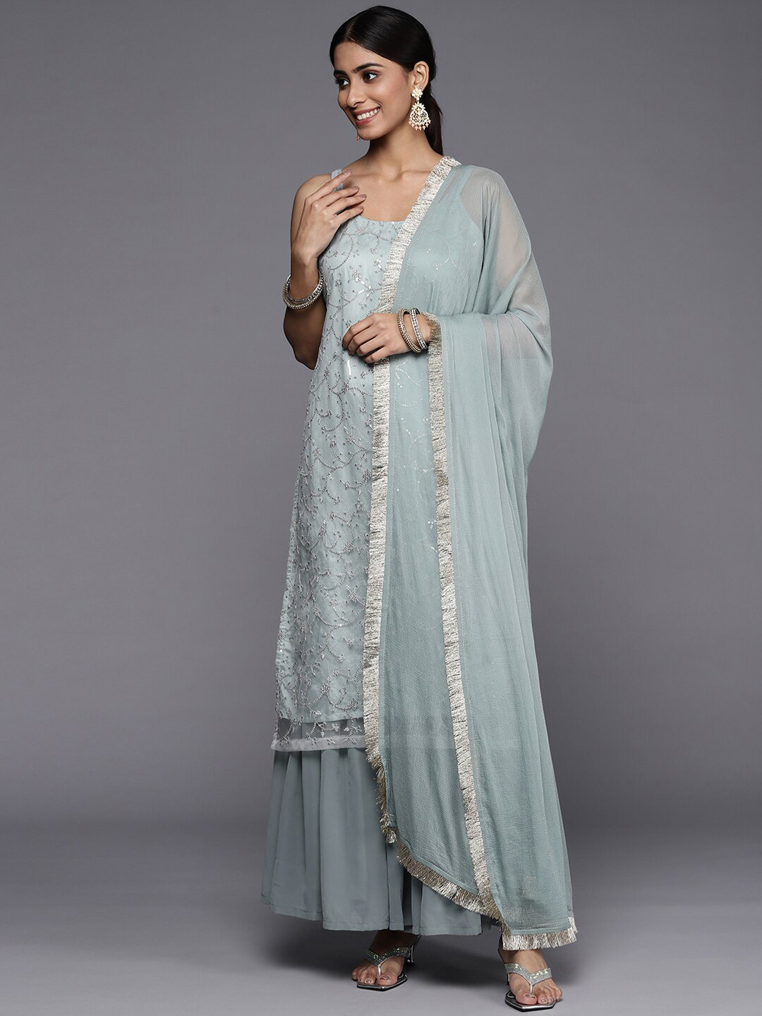 Hochzeitskleidung Indisch TRENDMALLS Damen Kurta Sharara Set - Georgette-Stoff Mit Stickerei & Dupatta - Schwarz Für Hochzeit & Festival Kurta Damen