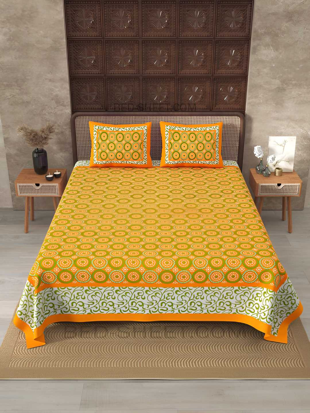 Buy BED Yellow & Green Geometric Cotton 240TC King Bedsheet
