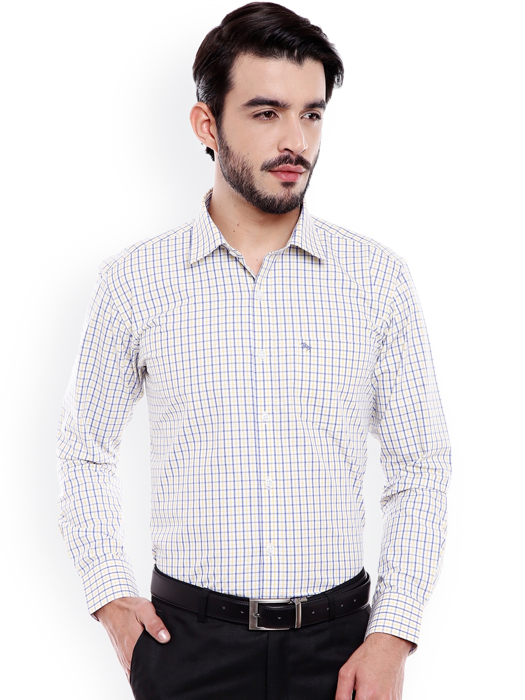 Buy DCot By Donear Men Yellow & Blue Slim Fit Checked Formal Shirt ...