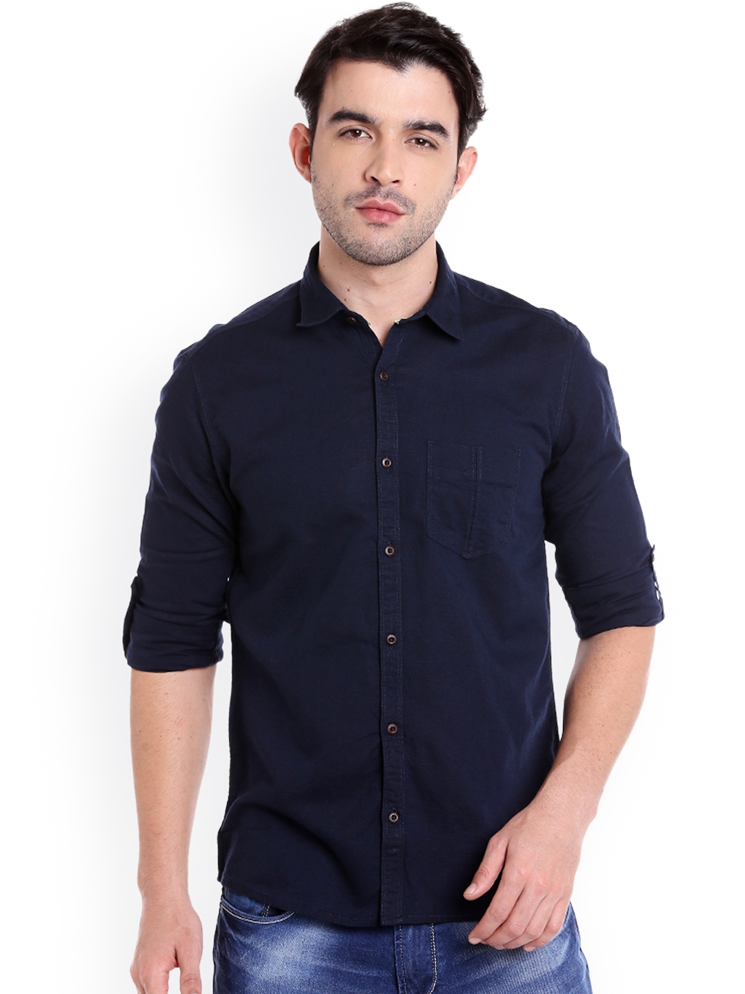 Buy DCot By Donear Men Navy Blue Slim Fit Solid Casual Shirt - Shirts ...