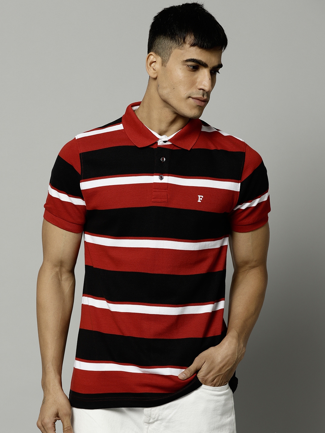 Buy French Connection Men Red & Black Striped Polo Collar T Shirt ...
