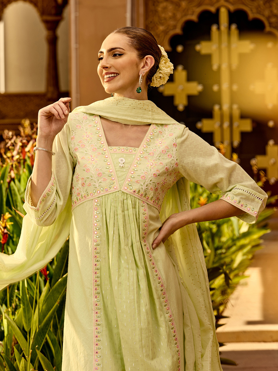 Floral printed multicolor round_neck Pure Cotton Kurta Set With Trouser & Dupatta