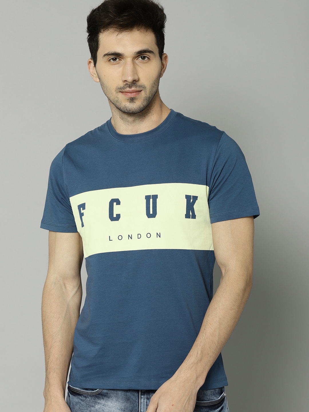 Buy French Connection Men Blue Printed Round Neck Pure Cotton T Shirt ...