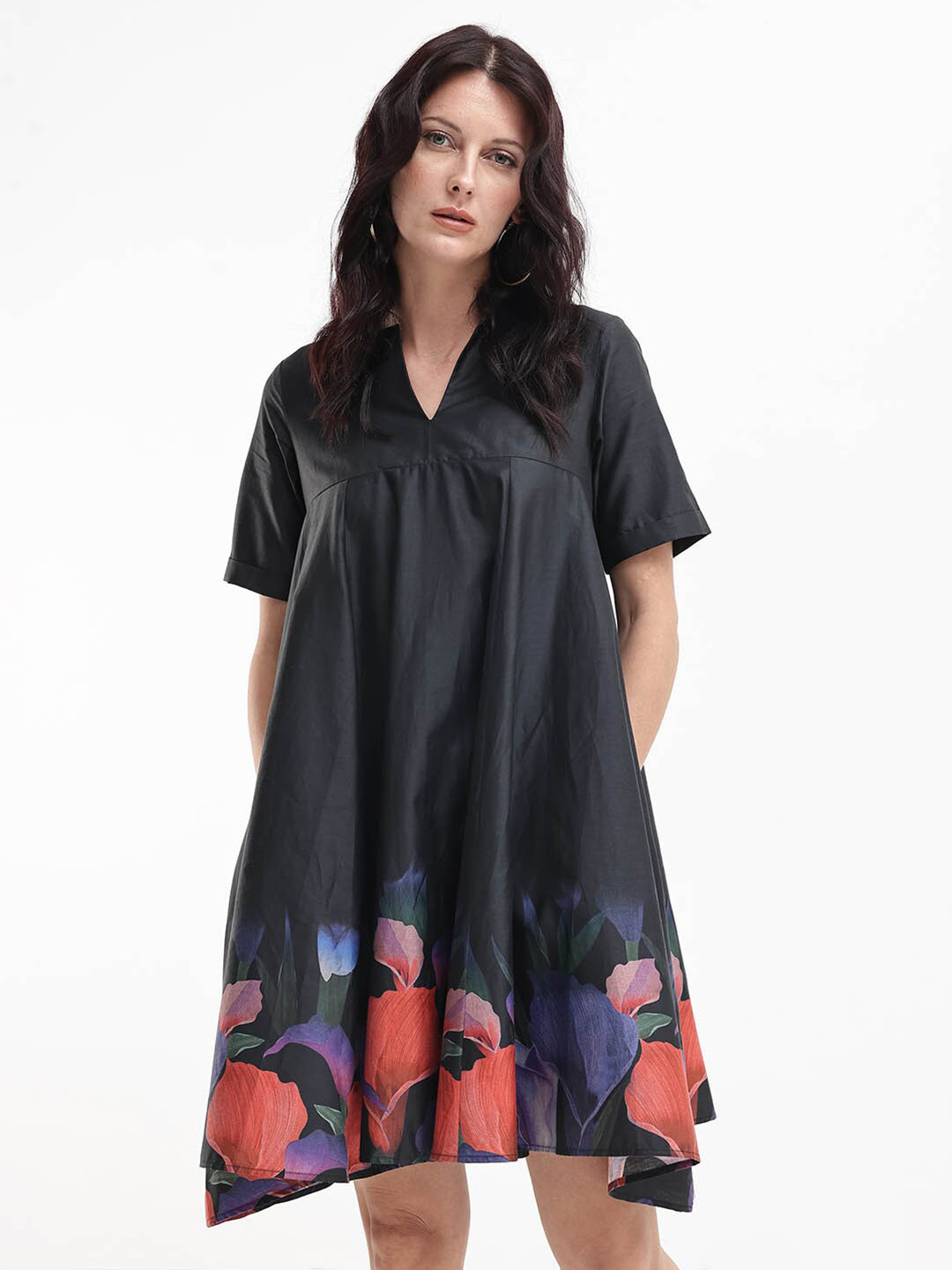 Black Viscose Rayon Solid With Floral  Printed A-Line Slit with Cape Womens Dress