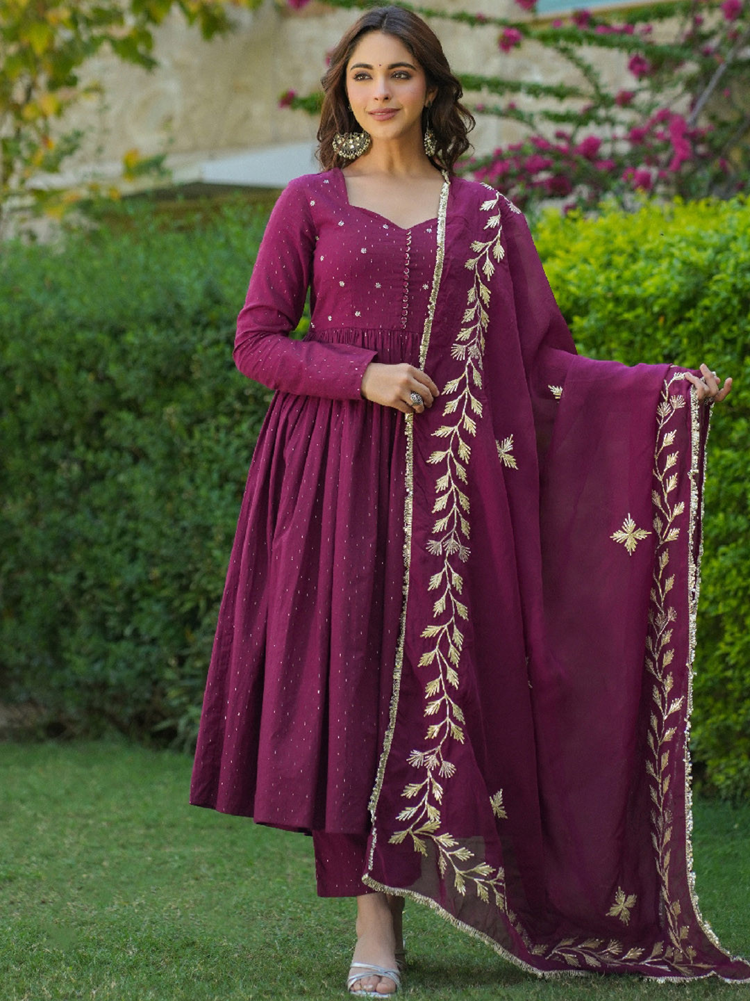 Girls Self Design V-Neck Angrakha Gotta Patti Anarkali Kurta with Trousers