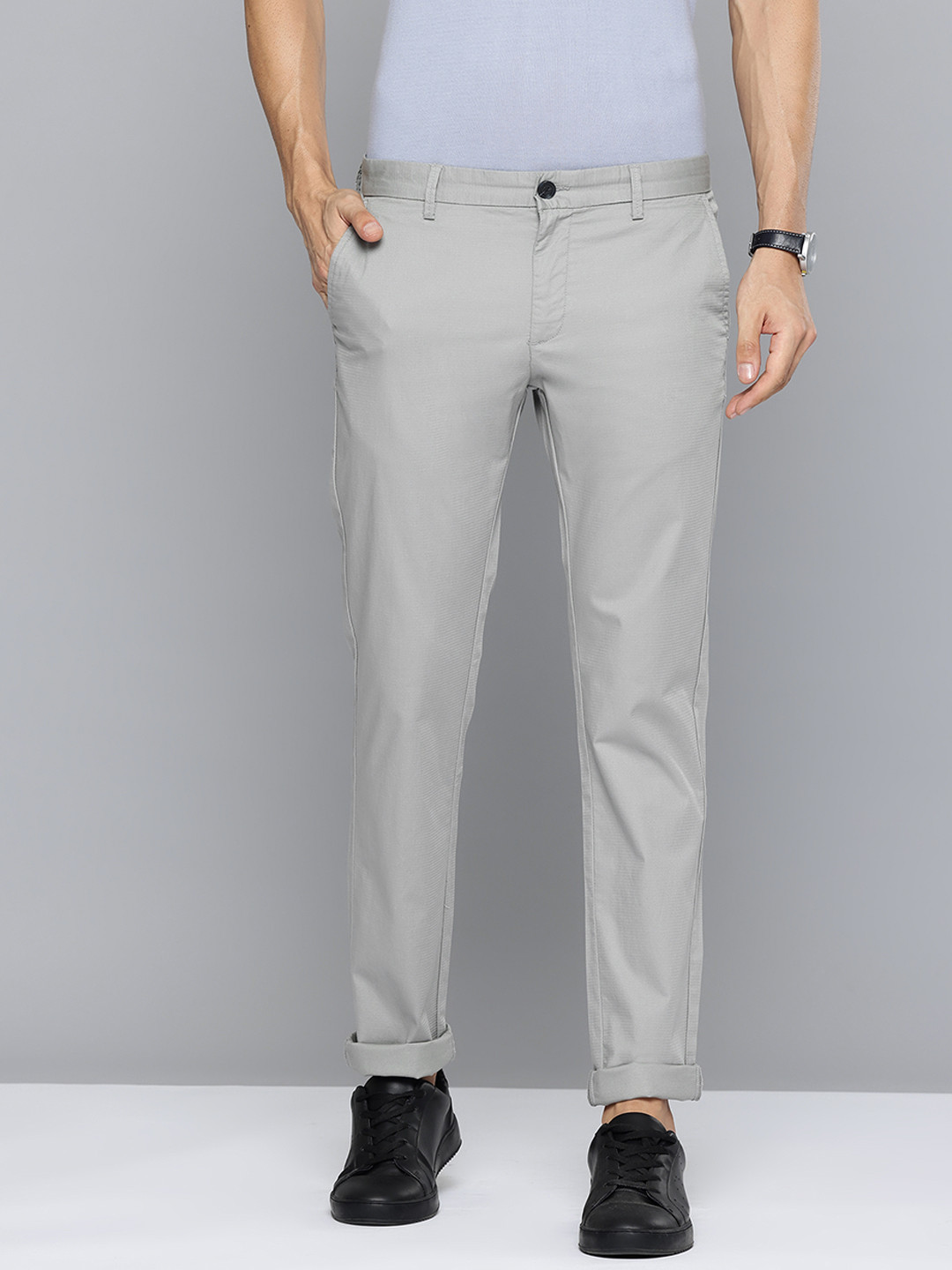 Buy Indian Terrain Men Brooklyn Textured Slim Fit Chinos Trousers ...