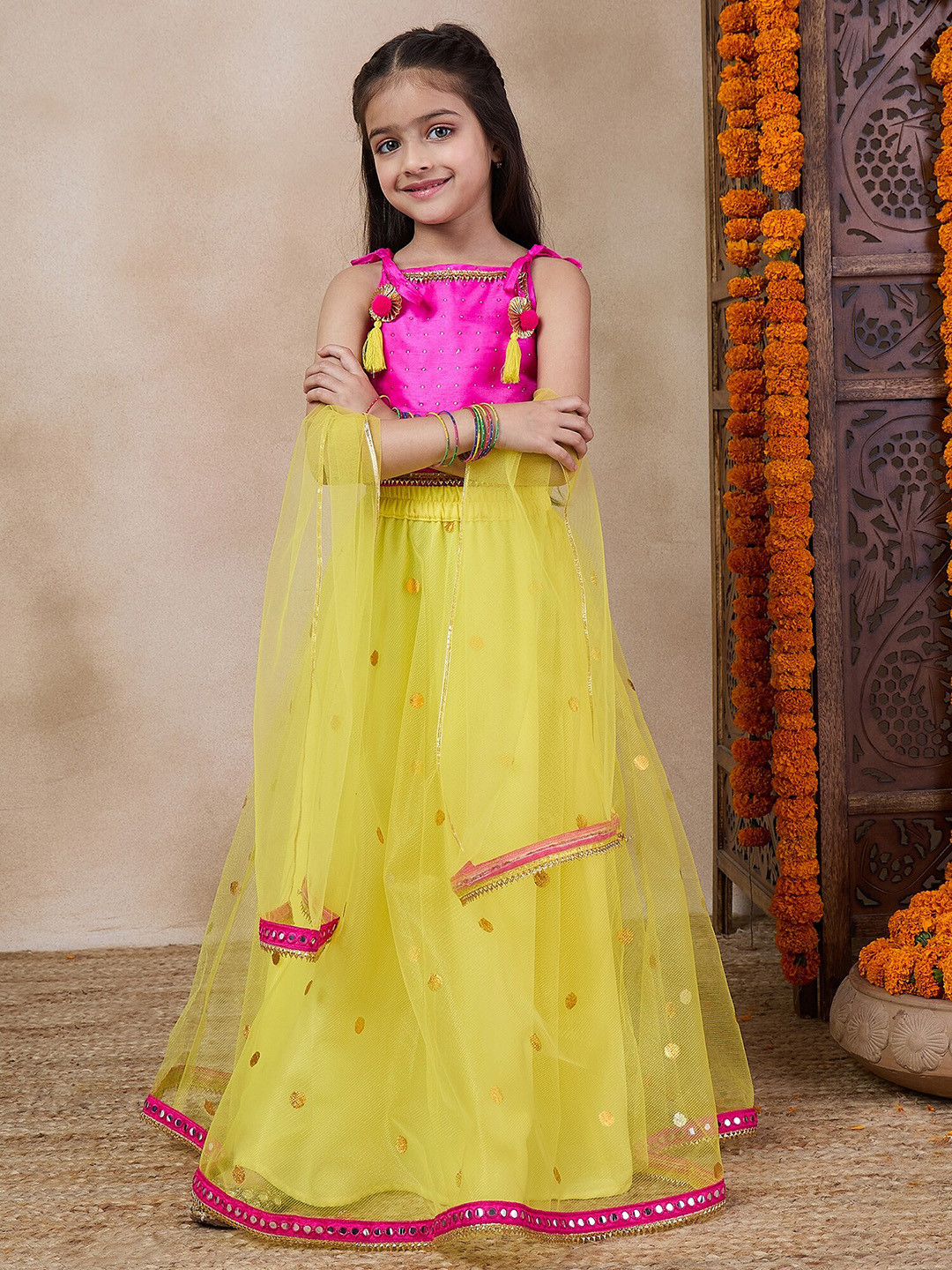 Girl'S Yellow & Pink Ready To Wear Lehenga With Blouse main image 0