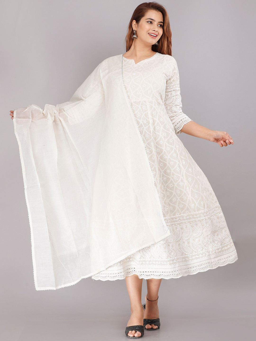 Floral Embroidered Chikankari Anarkali Kurta With Trousers & Dupatta