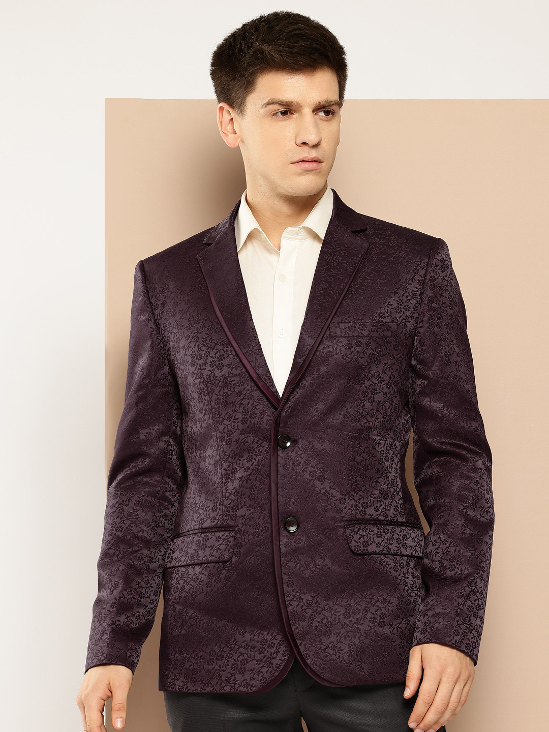 Men's Peach Floral Printed Slim-Fit Single-Breasted Blazer
