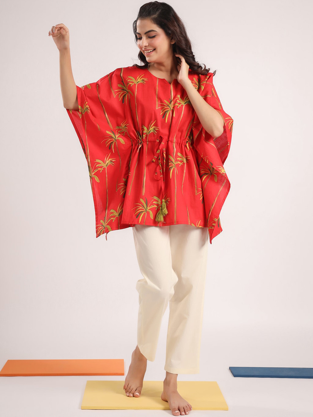 Blue - Hand Block Printed Cotton Kaftan & Pyjama Night Suit Set