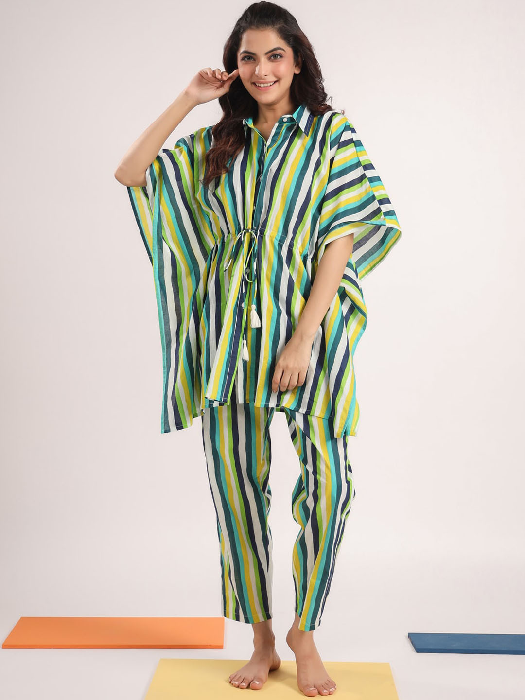 White - Hand Block Printed Cotton Kaftan & Pyjama Night Suit Set