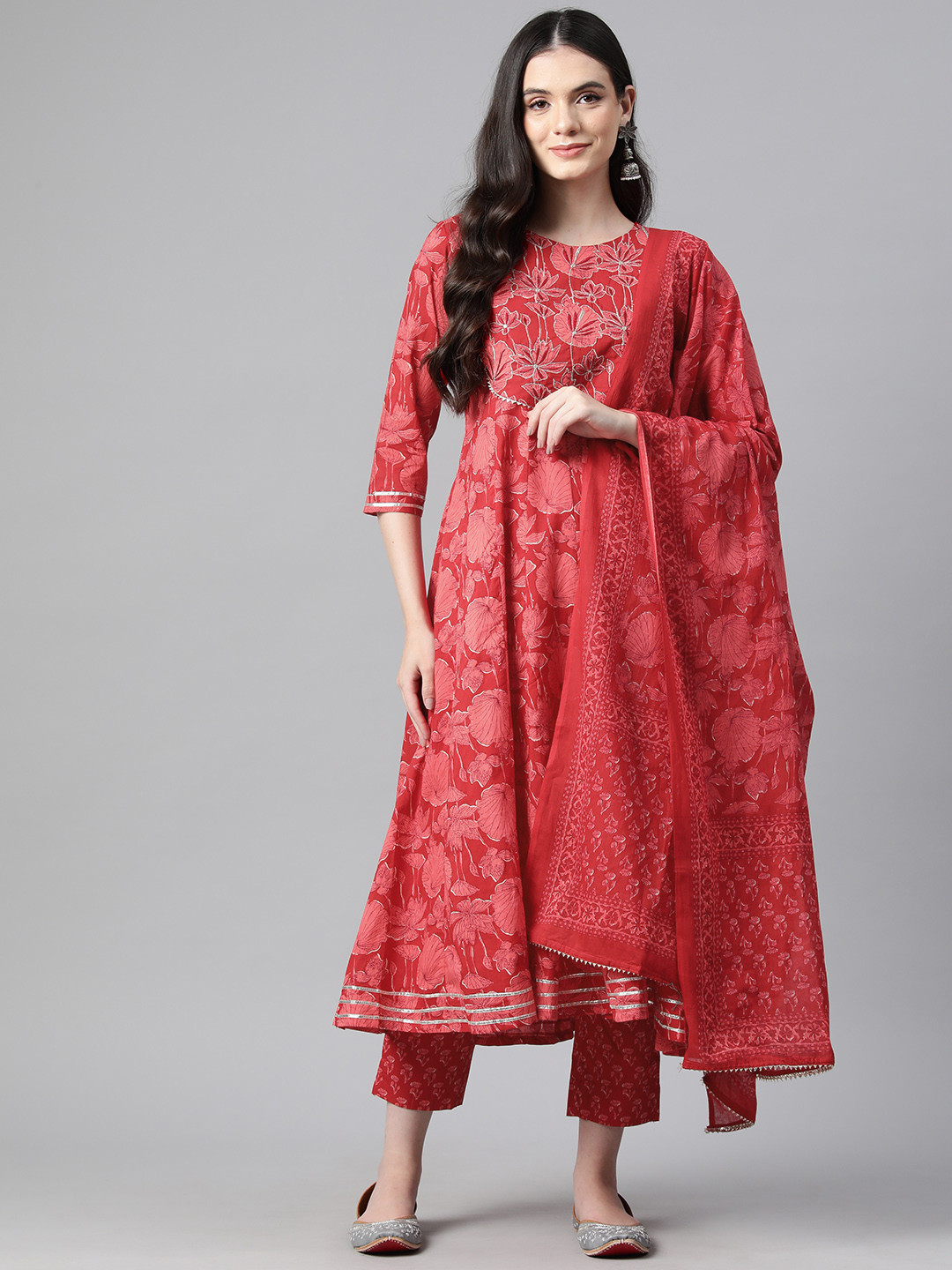 Women Orange Cotton Floral Printed Kurta with pant & dupatta