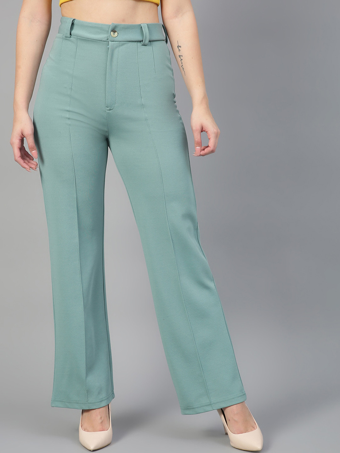 Women's Navy Blue Self Design Straight Fit High-Rise Cotton Parallel Trousers