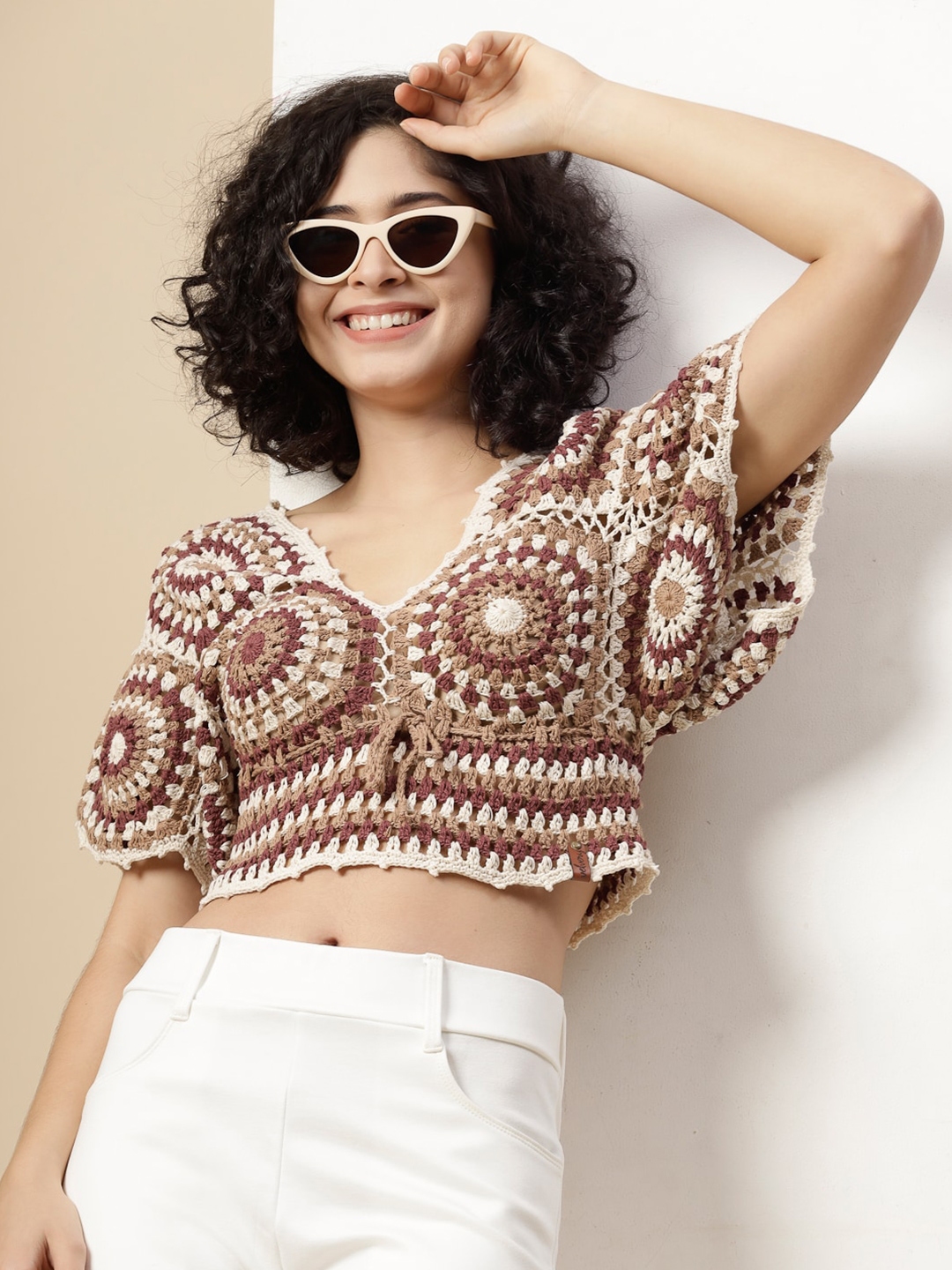 Buy Velvery Self Design Flared Sleeves Cotton Crochet Crop Top - Tops ...