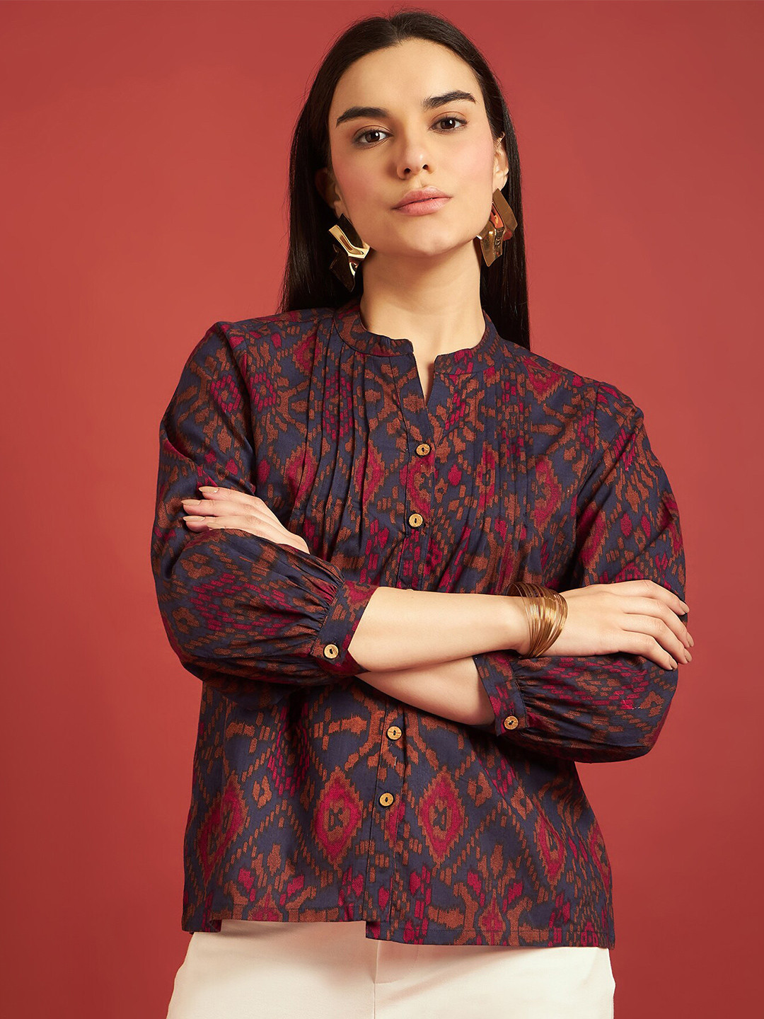Print Mandarin Collar Puff Sleeve Cotton Top