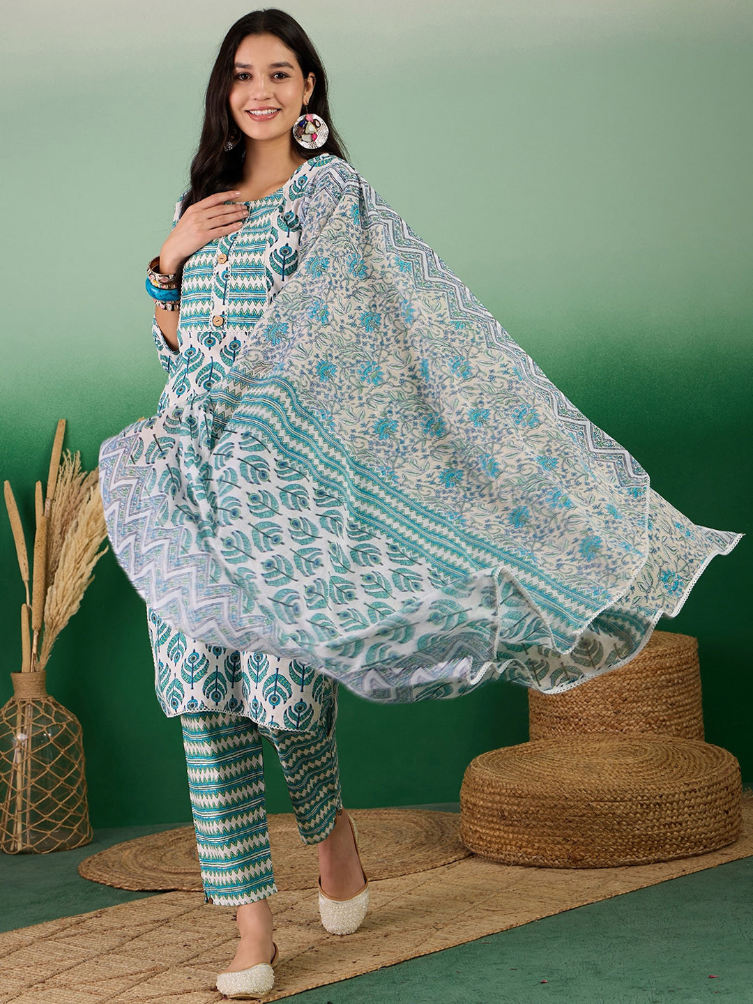 WomenTurquiose Cotton Embroidery & Printed Round Neck Kurta Sets