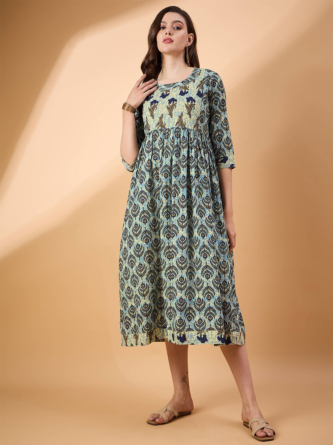 White & Blue Floral Printed Maternity Empire Midi Dress