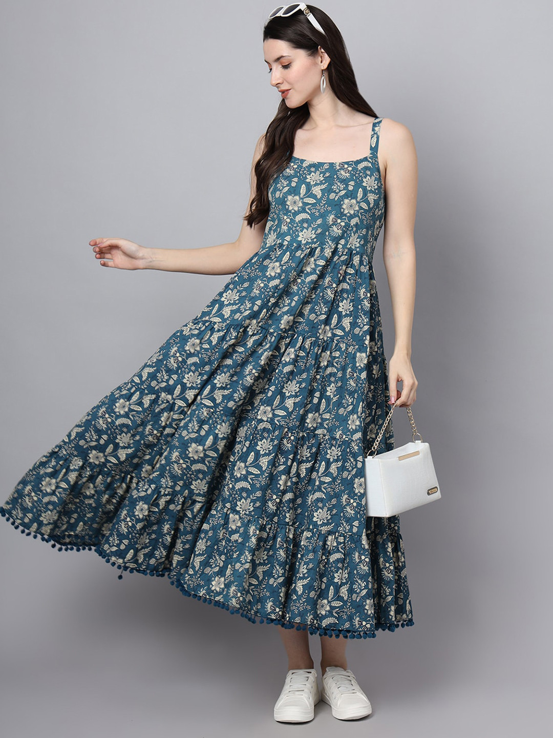 Blue Abstract Print Pure Cotton A-Line Midi Dress For Women & Girls
