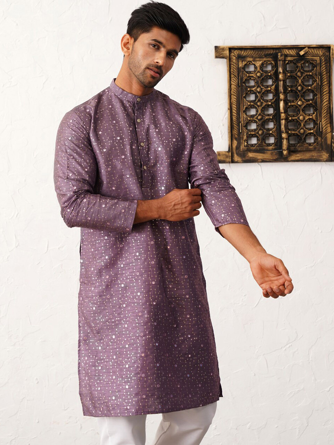 Embroidered And Mirror Work Straight Kurta Set For Men,