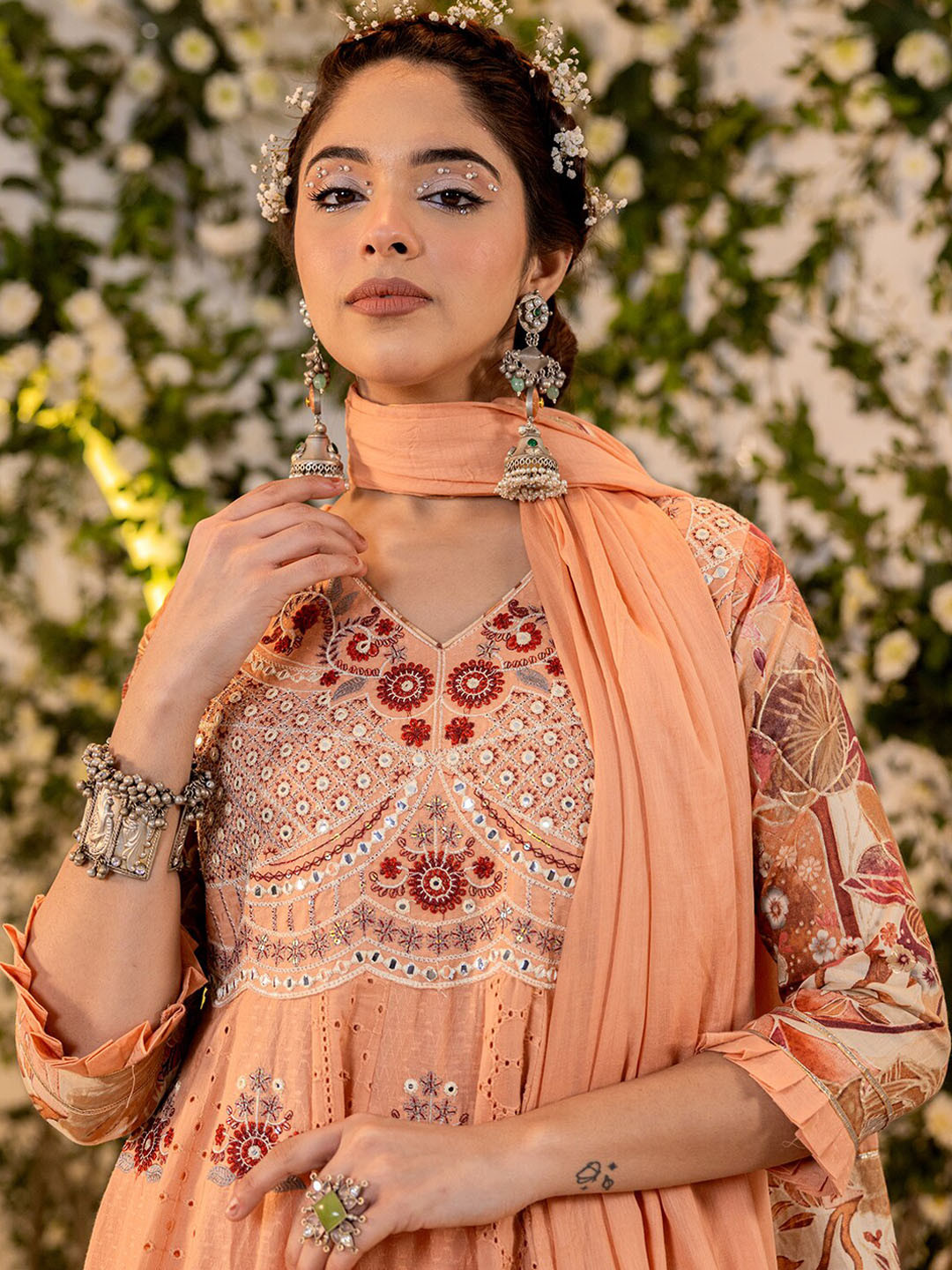 Women's Abstract Peach Anarkali Kurta Set with Dupatta