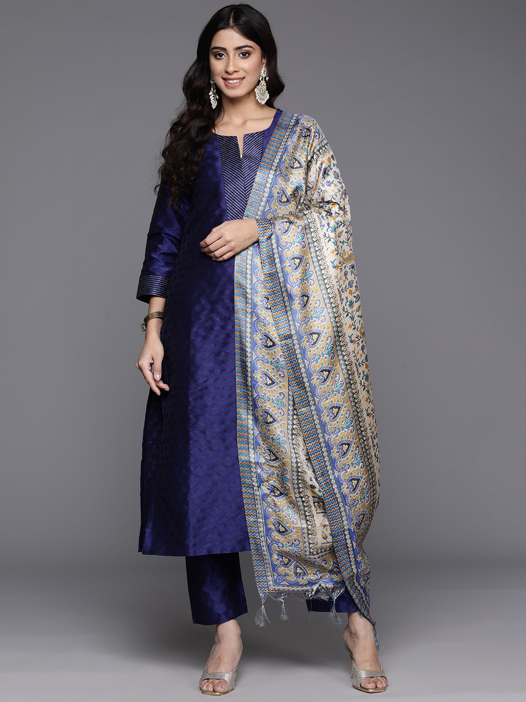 Women's Solid Straight Zari White Kurta Set with Dupatta