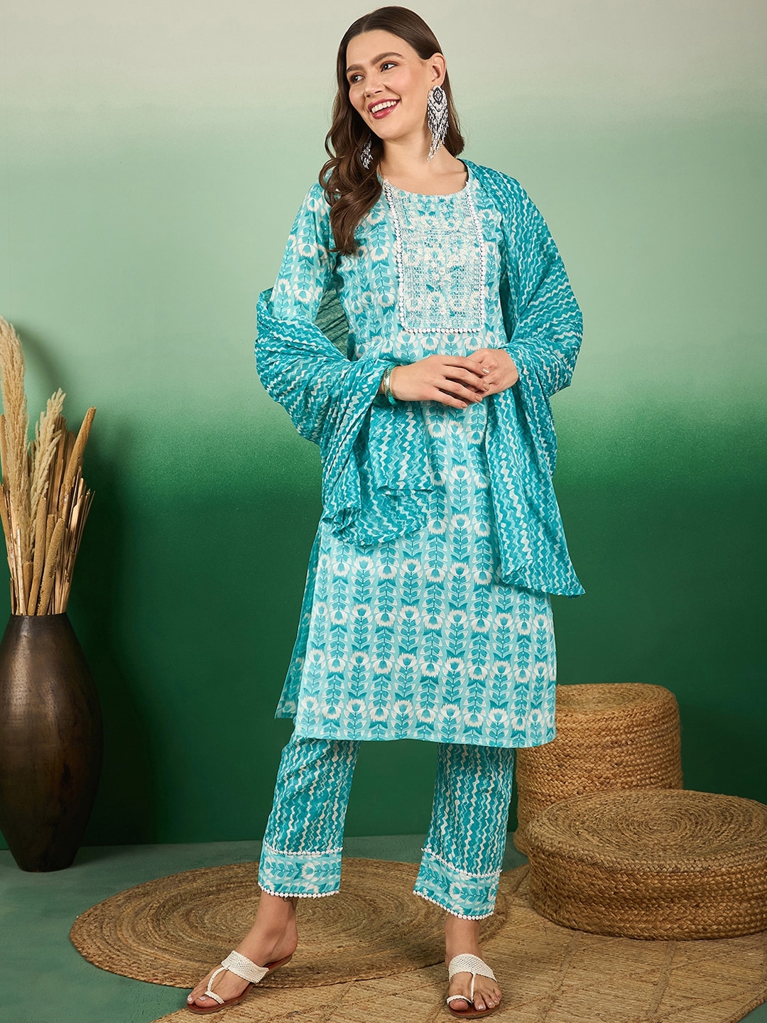 Buy Sangria Floral Printed & Embroidered Pure Cotton Straight Kurta ...