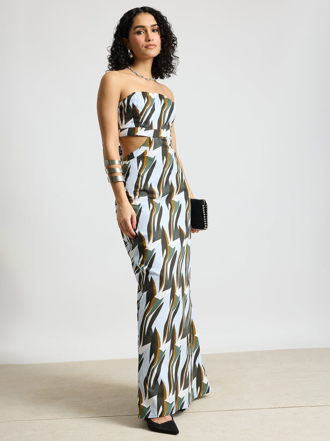 Aahana Strapless Print Fringe Maxi Dress