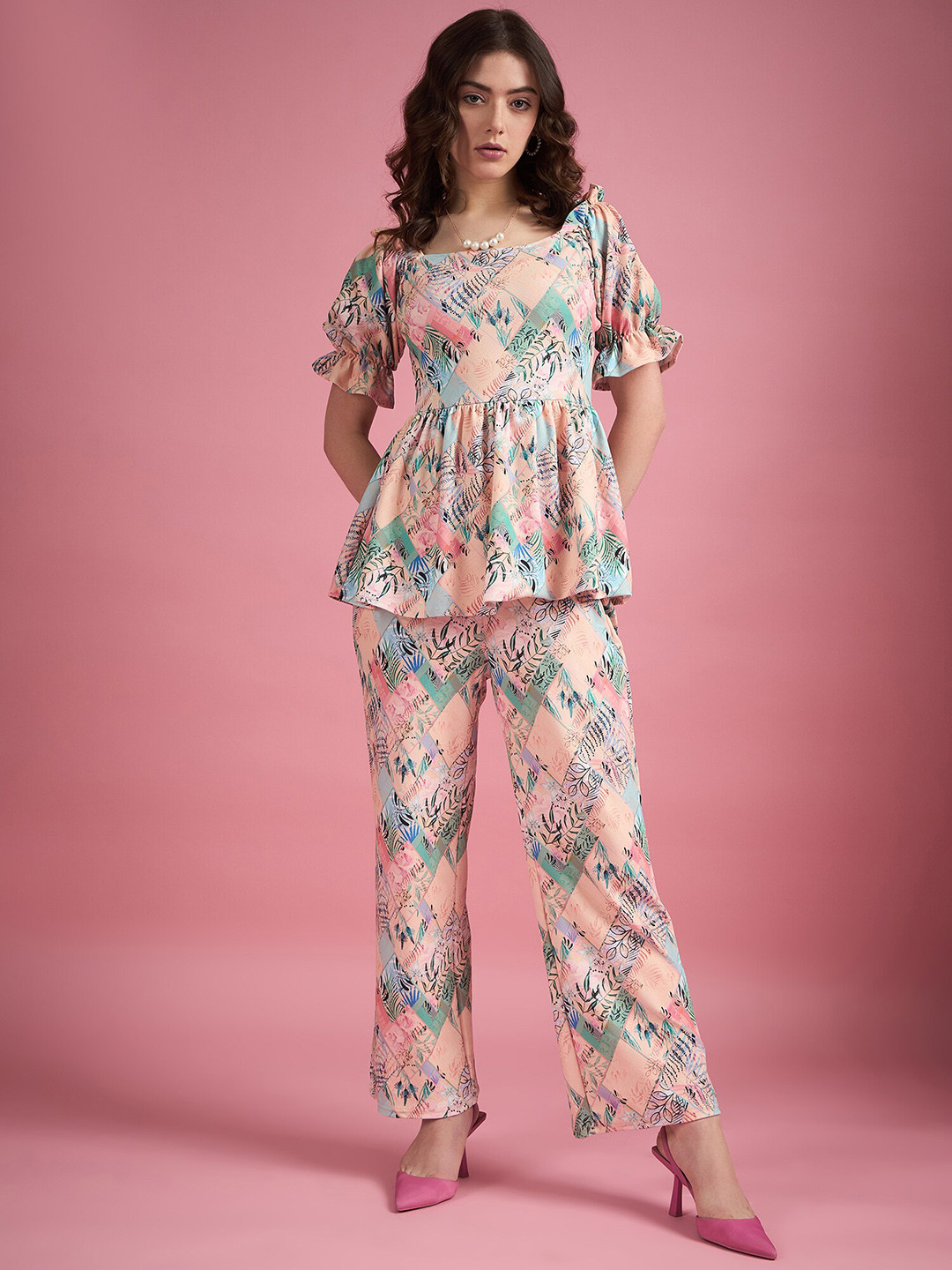 Printed V-Neck Top With Trousers Co-Ord Set peach