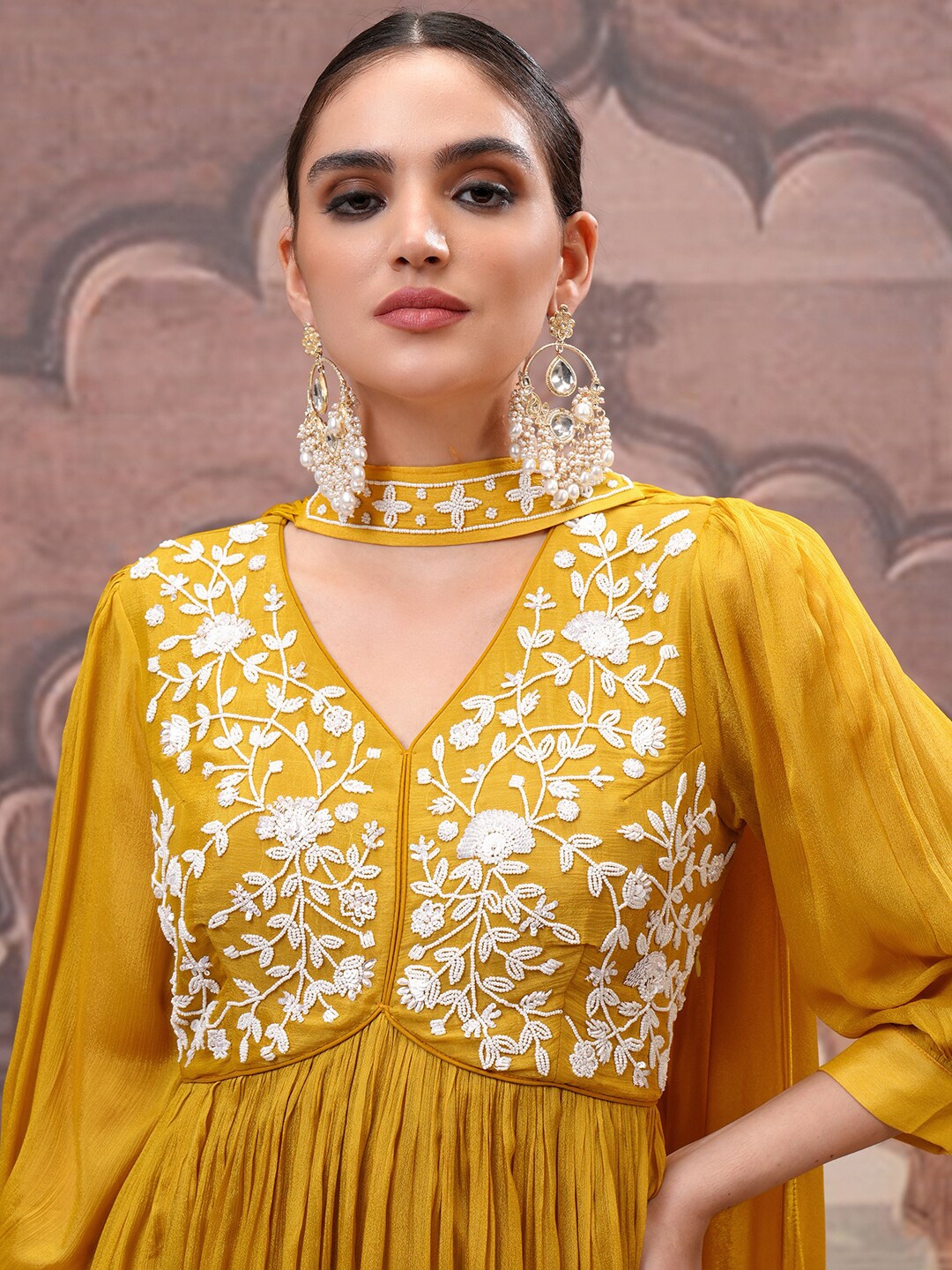 Buy Vishudh Mustard Yellow Floral Embroidered Puff Sleeves Anarkali ...