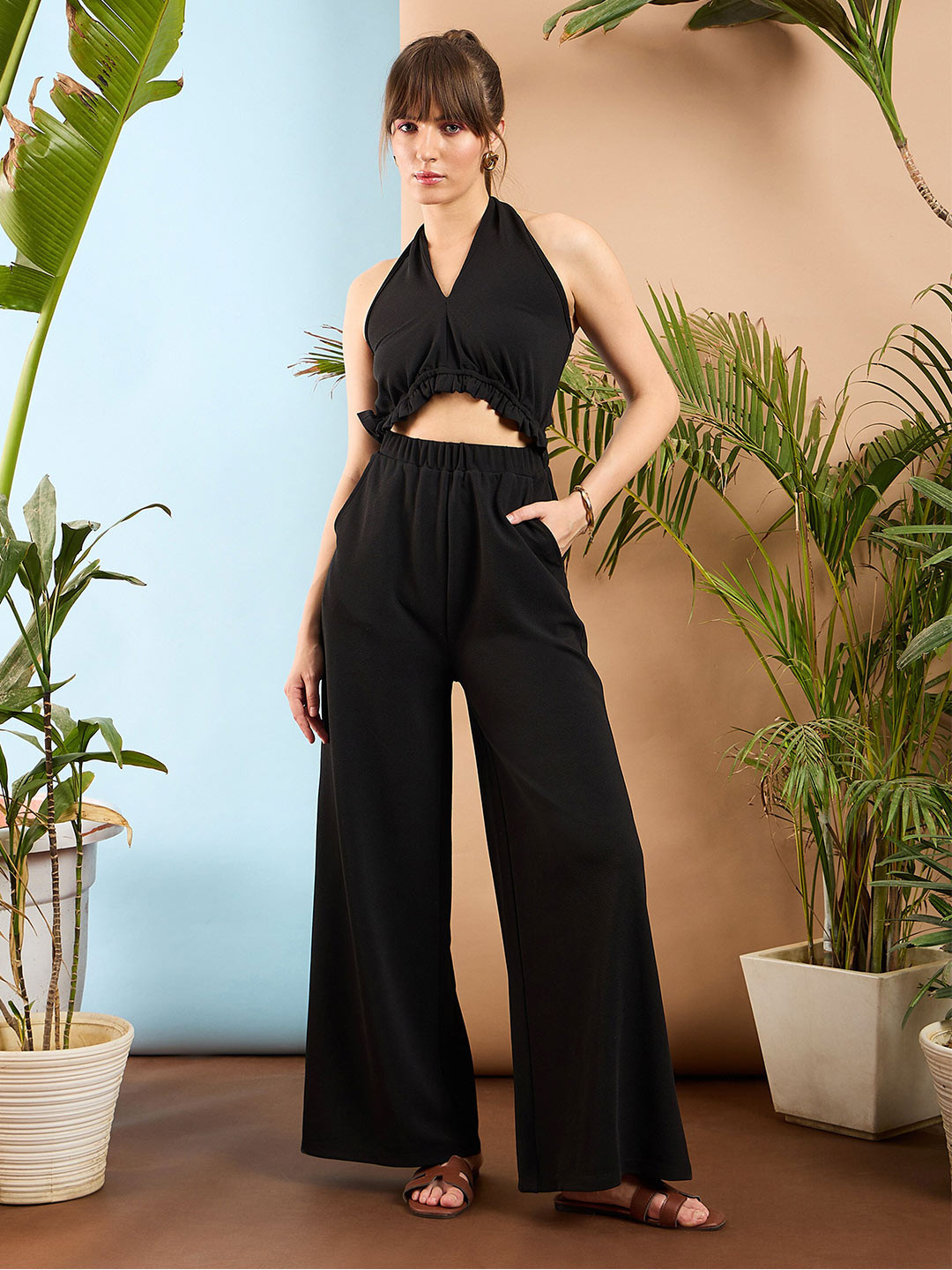 Women Maroon Solid Basic Halter Neck Basic Jumpsuit