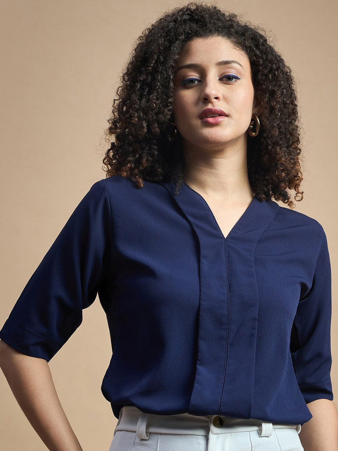 Navy Blue V-Neck Ruched Side Top main image 1