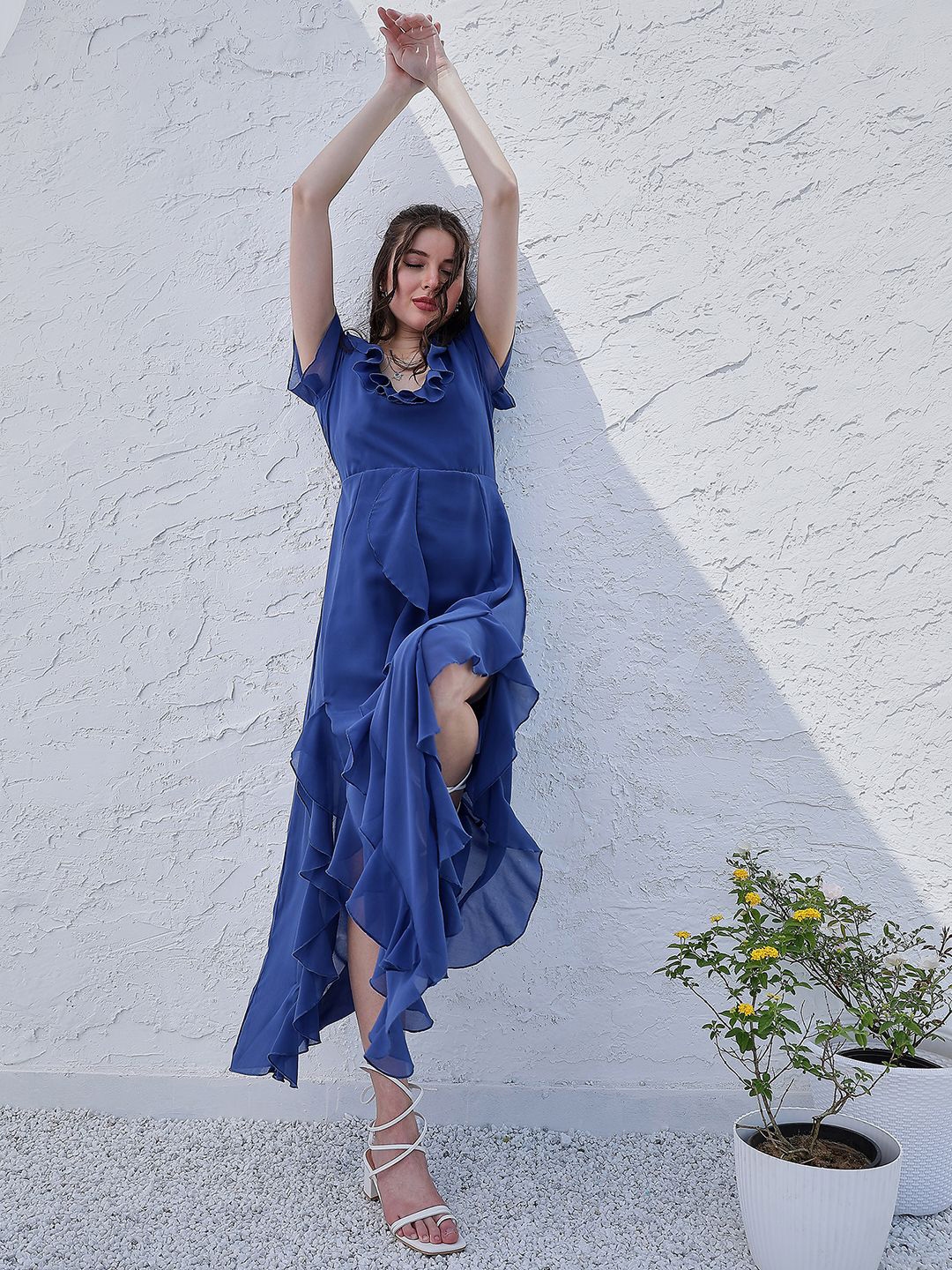 Buy Athena Blue V Neck Flared Sleeve Ruffled Georgette Maxi Dress ...