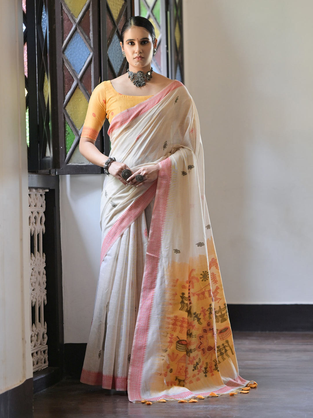 Buy VISHNU WEAVES Woven Design Pure Cotton Muga Saree - Sarees for ...