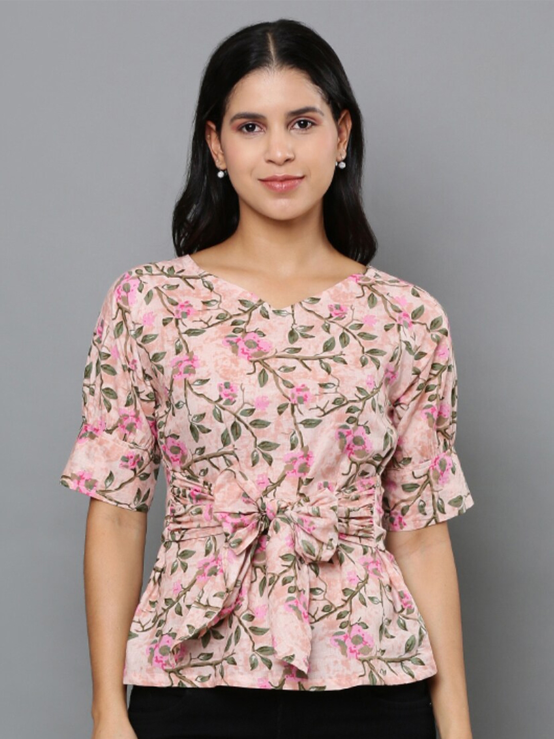 Buy Mast & Harbour Floral Printed V Neck Extended Sleeves Tie Ups ...