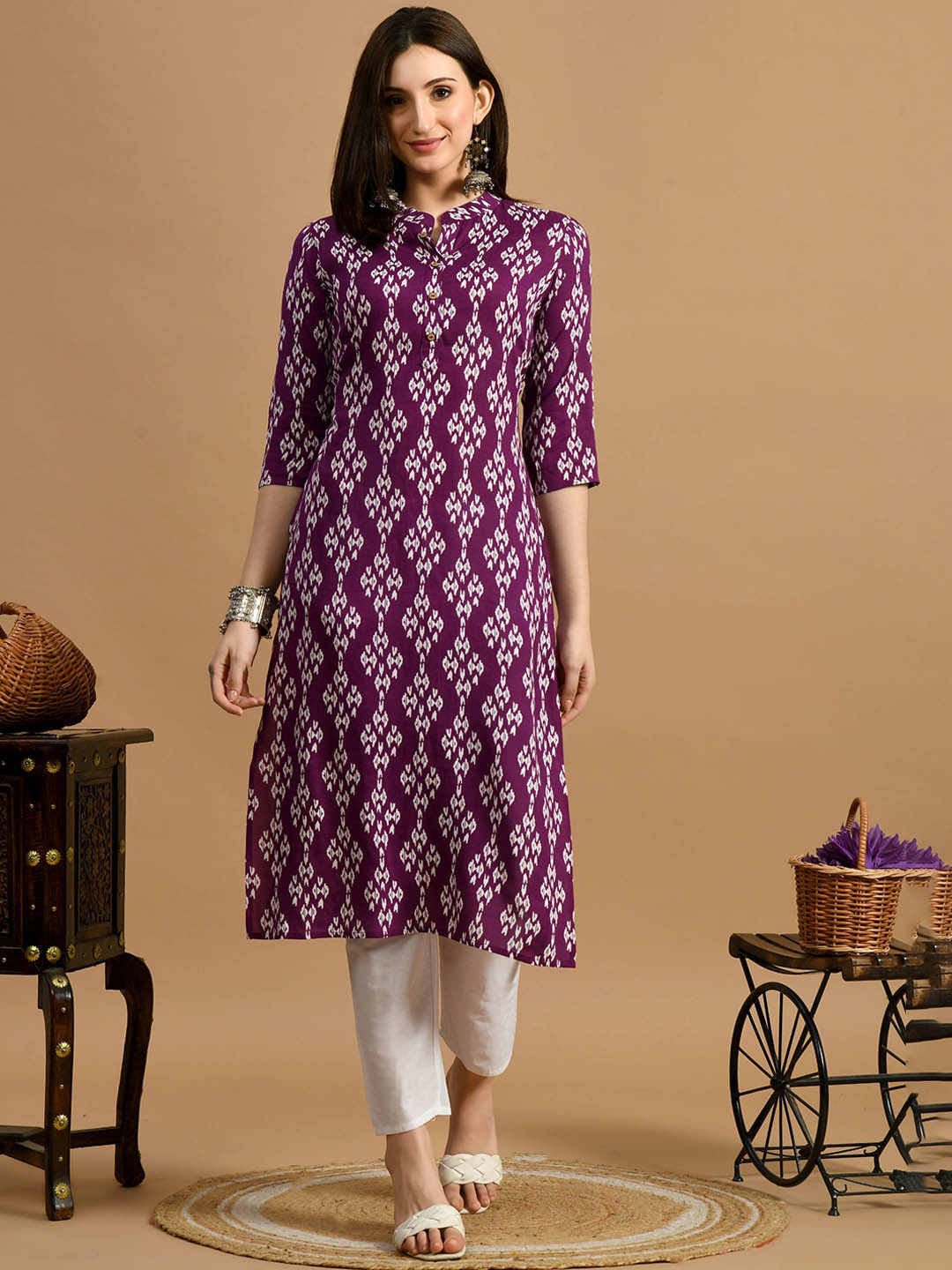 Buy GLOWWORLD Ethnic Motifs Printed Mandarin Collar Straight Kurta — free download
