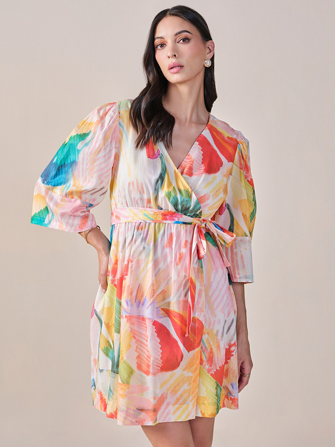 Women's Abstract Art Contrast Print V-Neck Long Sleeve Lace-Up Midi Dress