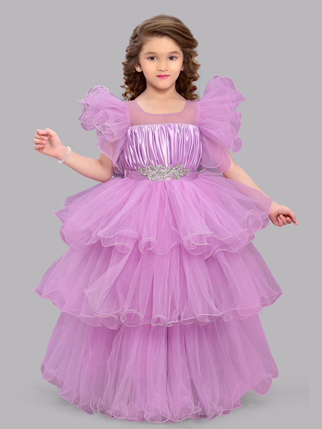Girls Pink Net Gillet With Beige Floral Printed Dress main image 0