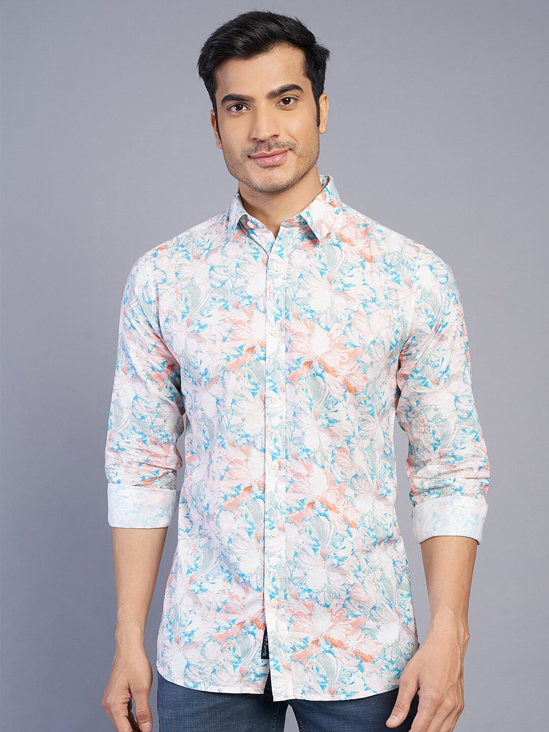 Men's Teal Standard Slim Fit Floral Printed Cotton Casual Shirt