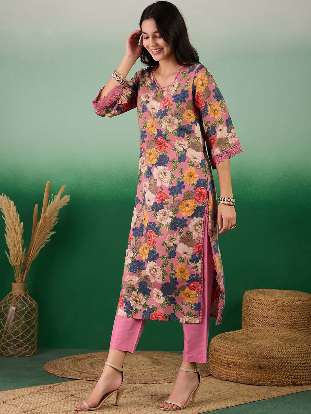 Global Desi Floral Printed V-Neck Kurta With Trousers