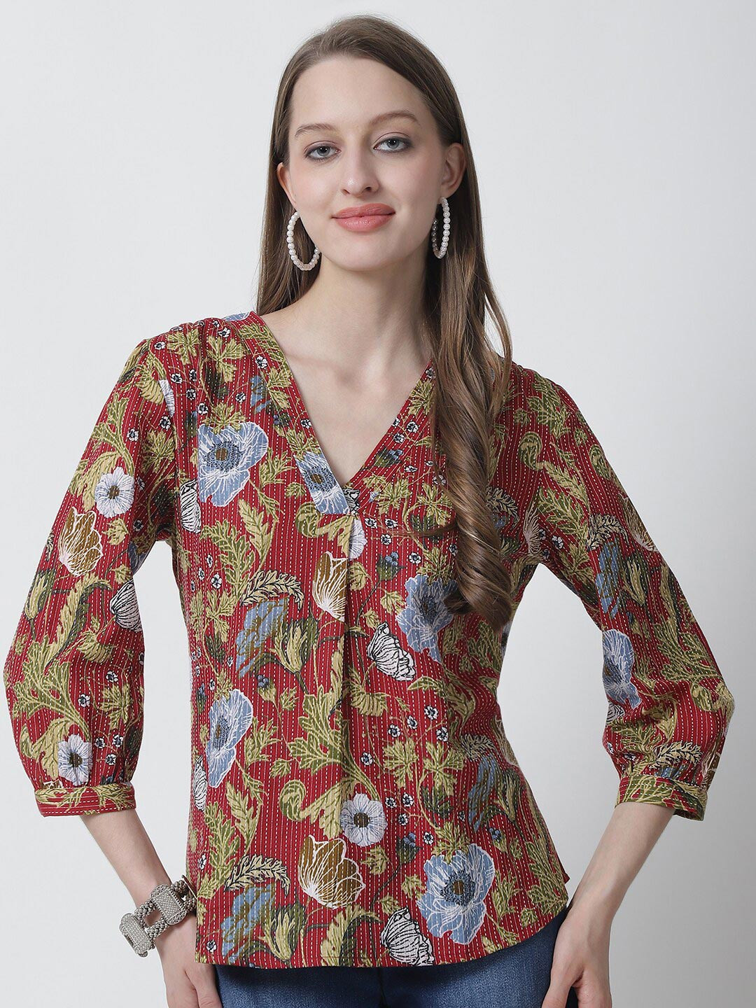 Vintage Print V-neck Puff Sleeve Top main image 1