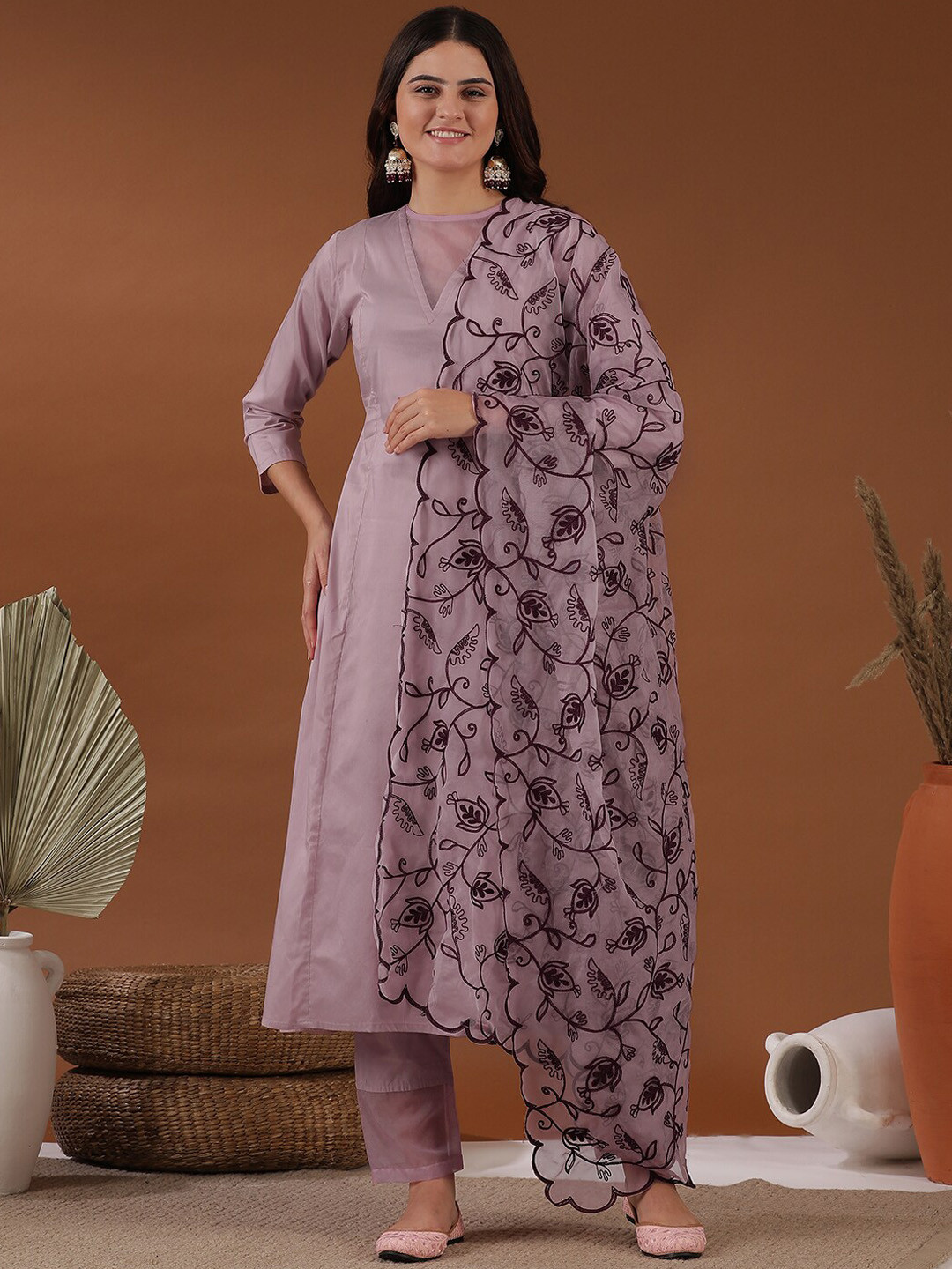 Light Purple South Asian 3-Piece Suit - Embroidered Kurta with Trousers and Dupatta, Festive & Wedding Guest Outfit, Casual and Party Wear main image 0