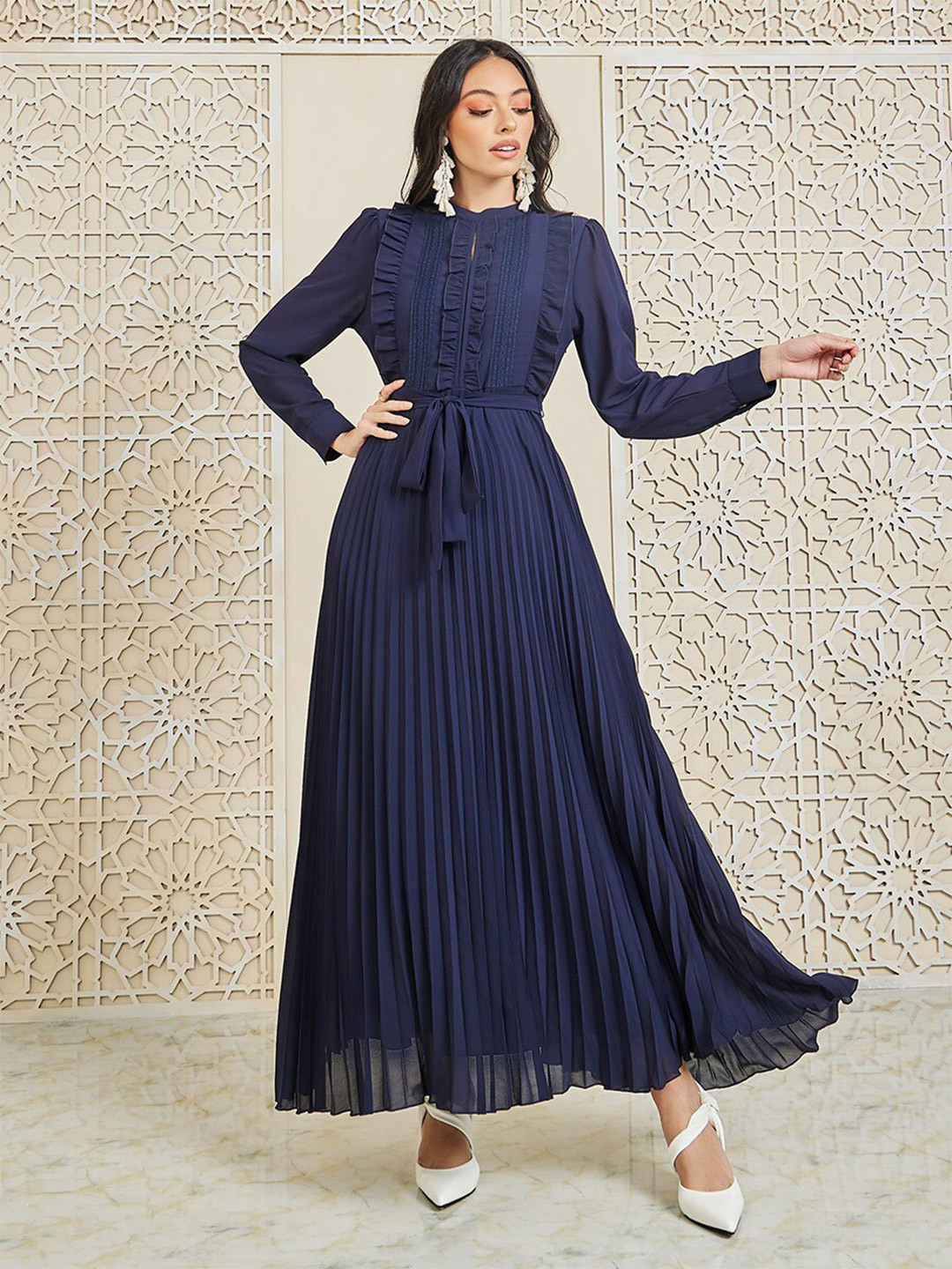 Shimmer Ruffle Fit and Flare Dress in Navy