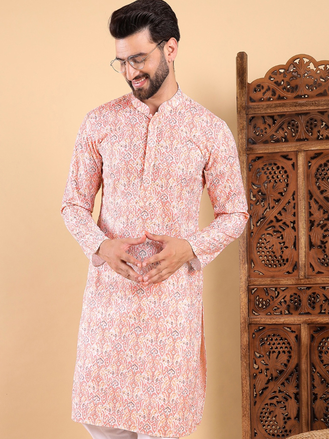 Mens Indian Ethnic Cotton Bohemian Paisley Mandarin Collar Long Sleeve Shirt Mens Plus Size Kurta