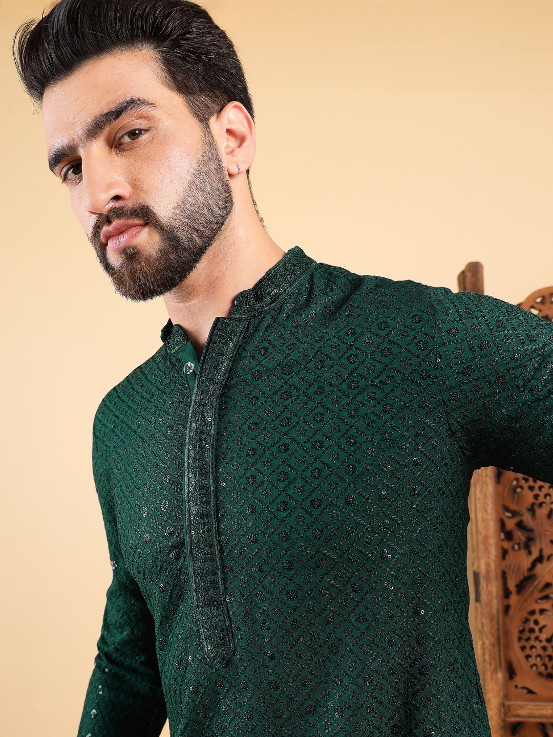 Embroidered & Sequins Straight Kurtas For Men