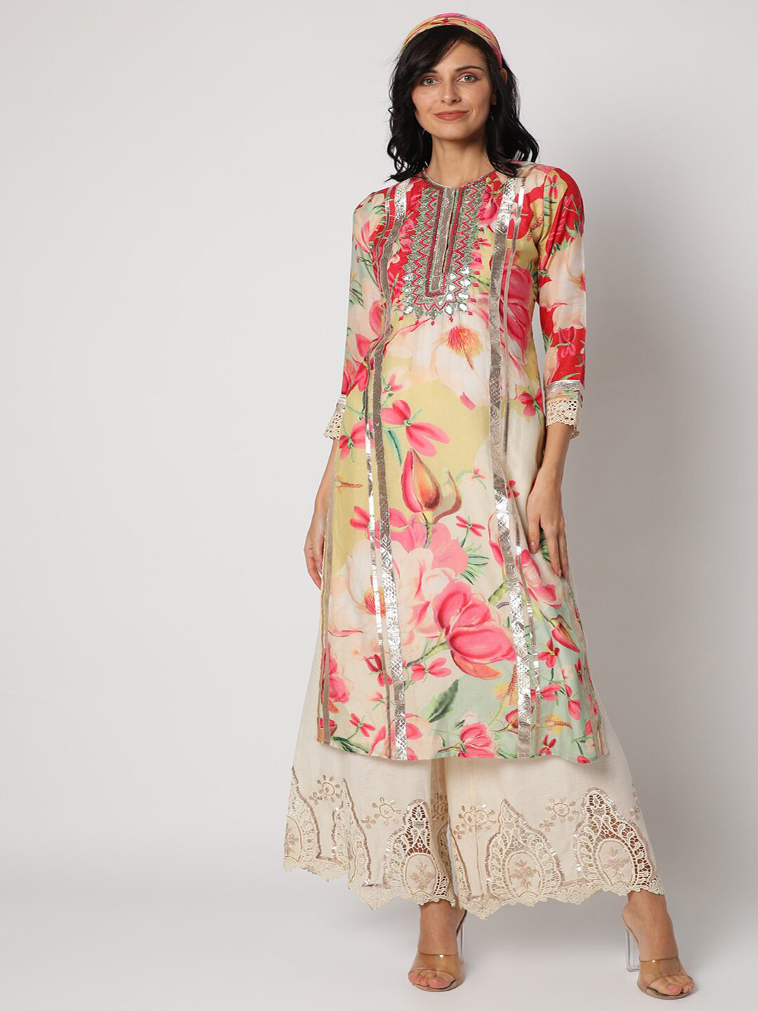 Women's Mustard Floral Printed Gotta Pati Straight Kurta